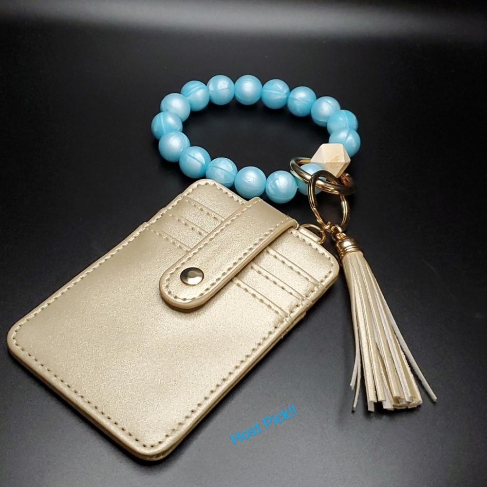 New!!  Aqua Champagne Tassel Key Ring Wallet Bracelet